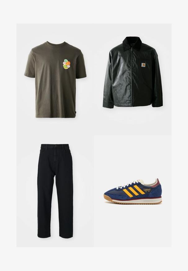 Must mustaga, läikiva materjaliga musta värvi jakk. Omab kordonilõikega kraed, kahte esikäe taskut ja väikest logo sildi rinnal.; Tumeoliivroheline puuvillane t-särk ümmarguse kaelusega. Vasil on vasakul rinnal värviline trükitud kujundus ringikujuliste elementidega.; Mustad denim püksid sirge lõikega. Omavad klassikalist viie tasku disaini, nupuga kinnitust ja peent kangatekstuuri.; Tumed sametist tenniset kollaste triipudega, valgete paeltega ja burgeoone aktsentidega. Tekstureeritud tallal on sooned haardeks. Brändi logo küljel.