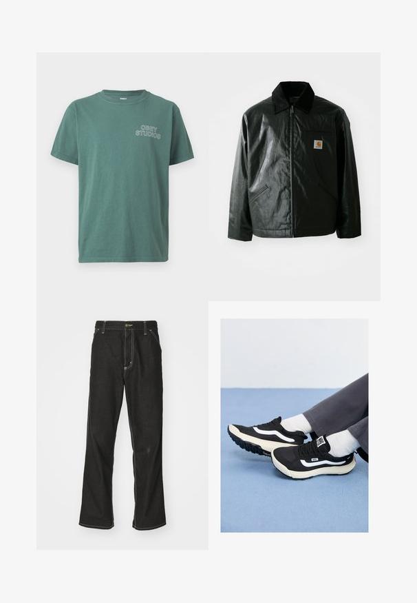 Čierna bundu na zips vyrobenú z hladkého, lesklého materiálu. Obsahuje kordový golier, dve predné vrecká a malú nášivku s logom na hrudi.; Zelené bavlnené tričko s okrúhlym výstrihom, krátkymi rukávmi a bielym logom "OBEY STUDIOS" na ľavej strane hrude. Mäkká textura, ležérny dizajn.; Čierne denimové nohavice s voľným strihom, s kontrastným bielym prešívaním, uzáverom na gombík a rovnými nohavicami.; Čierne tenisky s bielymi akcentmi, sieťovinou a gumovými materiálmi, s textúrovanou podrážkou a pätou. Nosia sa s bielymi ponožkami a sivými nohavicami.