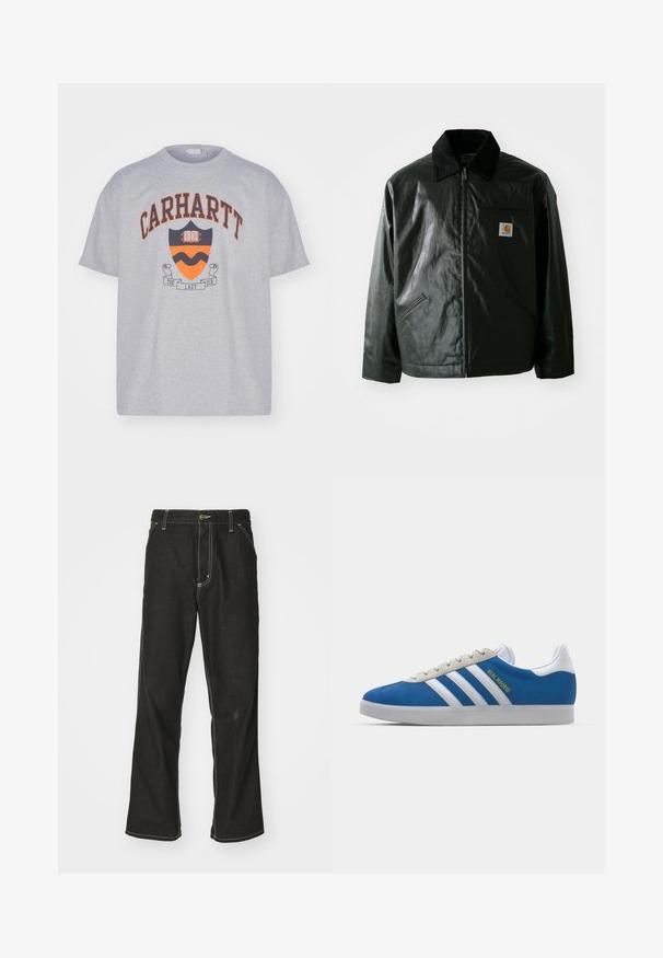 Chaqueta negra con cremallera hecha de un material liso y brillante. Presenta un cuello de pana, dos bolsillos frontales y un pequeño parche con el logo en el pecho.; Carhartt WIP LAZY DUCK ACADEMY - Camiseta estampada - grey heather stone washed; Jeans de mezclilla negra con un corte holgado, que cuentan con costuras blancas contrastantes, cierre de botón y un diseño de pierna recta.; adidas Originals ADIDAS GAZELLE SHOES - Botines de fútbol sala - real madrid/bluebird/footwear white/crew yellow