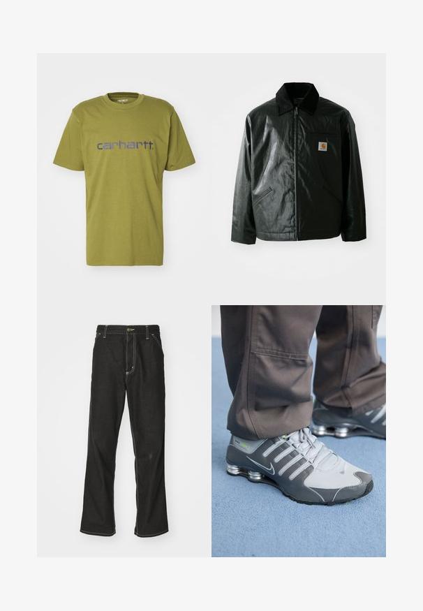 Black zip-up jacket made of smooth, shiny material. Features a corduroy collar, two front pockets, and a small logo patch on the chest.; Olive green cotton t-shirt featuring a rounded neckline and short sleeves, with a blue "carhartt." logo across the chest.; Black denim jeans with a loose fit, featuring contrasting white stitching, a button closure, and a straight leg design.; Gray and silver Nike Shox sneakers feature a sleek design, with mesh and synthetic materials, a rounded toe, and a padded collar.
