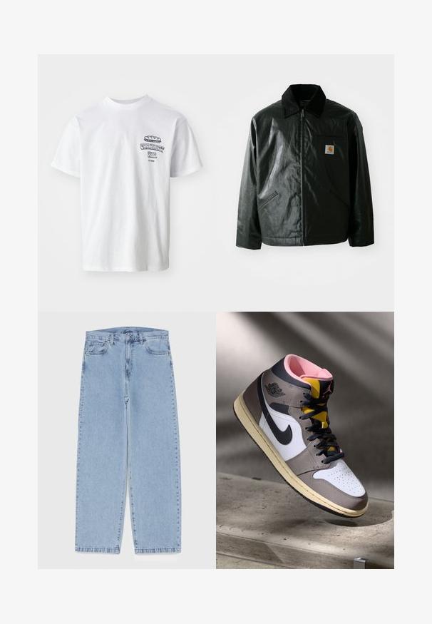 Czarna kurtka zapinana na zamek, wykonana z gładkiego, błyszczącego materiału. Posiada kołnierz z kordurowej tkaniny, dwie przednie kieszenie oraz małą naszywkę z logo na klatce piersiowej.; Biała bawełniana koszulka z krótkim rękawem, okrągłym dekoltem i nadrukiem graficznym z tekstem "Carhartt WIP" oraz ilustracją jedzenia na piersi.; Jasnoniebieskie dżinsy o prostym kroju nogawki, z średnim stanem, pięcioma kieszeniami oraz zapięciem na guzik i zamek błyskawiczny.; Wysokie sneakersy Nike Air Jordan w bieli, szarości i czerni z różowym wnętrzem i żółtym językiem, umieszczone na betonowej powierzchni.
