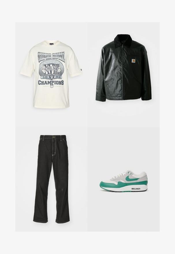 Črna jakna na zadrgo, izdelana iz gladkega, sijočega materiala. Ima žametni ovratnik, dva sprednja žepa in majhno oznako logotipa na prsih.; Kratka majica kremaste barve s kratkimi rokavi, ki vsebuje sivo vintage grafiko Super Bowla, besednima "Raiders" in "Champions", ter ohlapnim krojem.; Črne jeans hlače ohlapenega kroja, ki imajo kontrastno belo šivanje, zapiranje na gumb in ravno nogavico.; Nike Air Max 1 športni čevlji z zgornjim delom iz sive mrežice, zelenimi usnjenimi detajli, belimi vezalkami in vidno zračno enoto v podplatu.