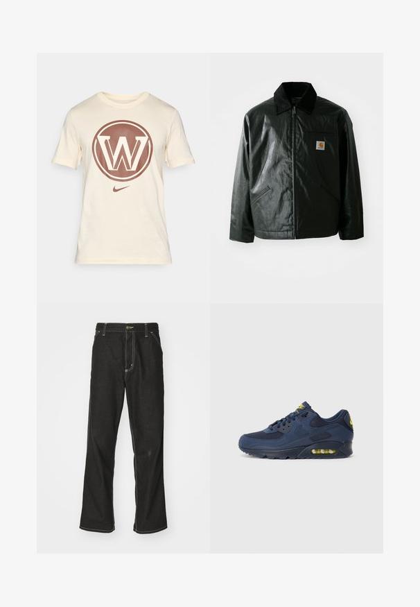 Schwarze Zip-Jacke aus glattem, glänzendem Material. Verfügt über einen Cordkragen, zwei Fronttaschen und ein kleines Logo-Patch auf der Brust.; Ein off-white T-Shirt von Nike aus Baumwolle zeigt ein großes braunes, kreisförmiges Logo mit einem stilisierten "W" in der Mitte und einem kleinen Nike-Swoosh am unteren Rand.; Schwarze Denim-Jeans mit lockerer Passform, kontrastierenden weißen Nähten, einem Knopfverschluss und geradem Bein.; Dunkelblaue Nike Air Max Sneaker mit Obermaterial aus Wildleder und Mesh, ausgestattet mit gelben Akzenten, Schnürung vorne und sichtbarer Luftpolsterung in der Sohle.