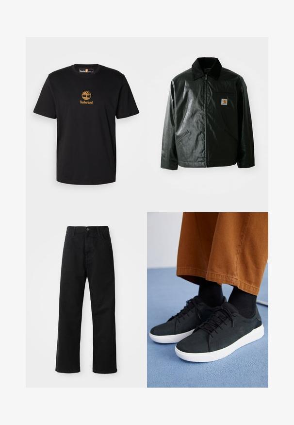 Juodas užtrauktuku užsegamas švarkas, pagamintas iš glotnaus, blizgaus medžiagos. Savybė - keteros apykaklė, dvi priekinės kišenės ir mažas logotipo ženklelis ant krūtinės.; Juodas medvilnės marškinėliai su auksiniu medžio logotipu ir tekstu "Timberland". Apvalus kaklas ir trumpomis rankovėmis, su lygiu paviršiumi.; Juodo džinsinio audinio keliaraiščiai su tiesia iškarpa, turintys priekinės kišenes, užtrauktuką ir vieną viršutinį mygtuką. Audinys tekstūruotas, su matinio paviršiaus apdaila.; Juodi zomšiniai sneakeriai su baltais guminiais padais, su raištelių uždėjimo dizainu, tekstūruotais akcentais ir subtiliu prekių ženklu, derinami su rudomis kelnėmis.