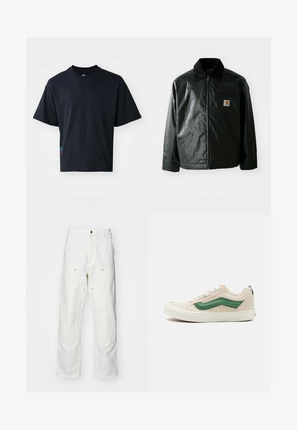 Casaco preto com fecho éclair, feito de material liso e brilhante. Apresenta um colarinho de veludo, dois bolsos frontais e um pequeno emblema no peito.; T-shirt preto de mangas curtas, feito de algodão, com um colarinho redondo clássico e um pequeno detalhe logo colorido na lateral.; Calças cargo brancas em algodão com um corte descontraído. As características incluem bolsos frontais, detalhes em metal dourado e áreas de joelhos reforçadas.; Tênis em camurça bege com detalhes em couro verde, bico arredondado, cadarços brancos e acabamento texturizado nas laterais. Solado de borracha visível.