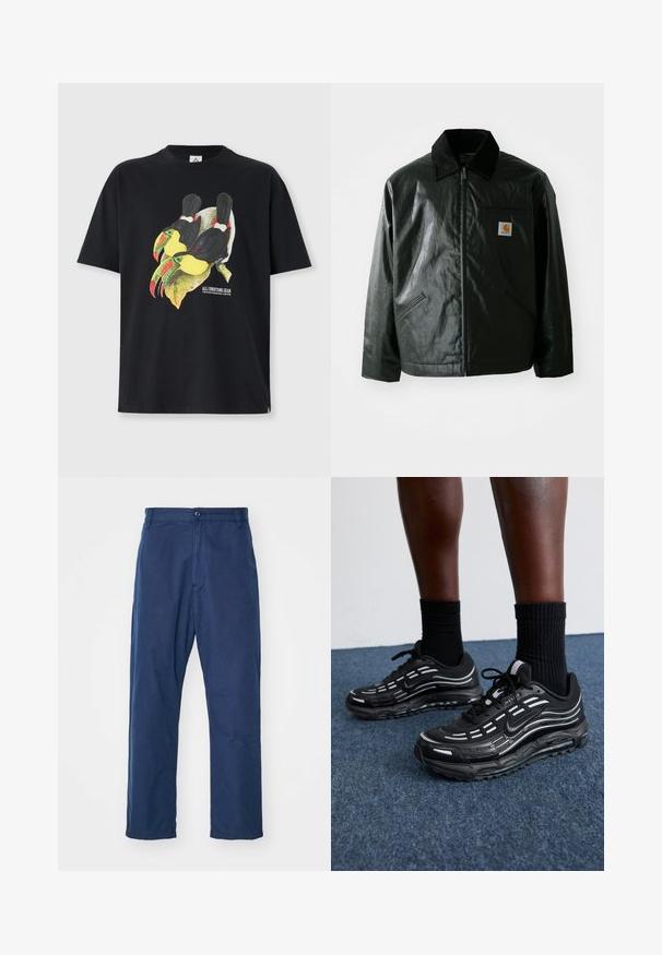 Black zip-up jacket made of smooth, shiny material. Features a corduroy collar, two front pockets, and a small logo patch on the chest.; Black cotton t-shirt featuring a colorful graphic of two toucans with yellow and green accents. Short sleeves and relaxed fit design.; Navy blue, straight-leg trousers made of cotton. Features a front button closure and subtle texture, with side pockets and belt loops.; Black Nike shoes feature a mesh upper with accent stripes, textured lacing, and a black rubber sole. Worn with black ribbed socks.