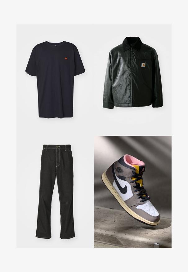 Melnā zip-up jaka, izgatavota no gludas, spīdīgas materiāla. Ir korduroja apkakle, divas priekšējās kabatas un neliela logo placdarma uz krūtīm.; Melna kokvilnas T-krekls ar brīvu piegriezumu, ar nelielu izšūtu logo sarkanā un dzeltenā krāsā uz krūtīm. Īsas piedurknes un apaļa kakla izgriezums.; Melni džinsi ar brīvu piegriezumu, ar kontrastējošu baltu diegu, pogu aizdari un taisnu kāju dizainu.; Augstās Nike Air Jordan kedas baltā, pelēkā un melnā krāsā ar rozā iekšpusi un dzelteno mēli, novietotas uz betona virsmas.