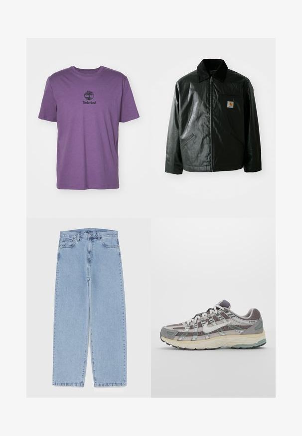 Juodas užtrauktuku užsegamas švarkas, pagamintas iš glotnaus, blizgaus medžiagos. Savybė - keteros apykaklė, dvi priekinės kišenės ir mažas logotipo ženklelis ant krūtinės.; Violetinės medvilnės marškinėliai trumpomis rankovėmis, su juodu Timberland logotipu, kuris yra centre ant krūtinės. Paprastas, kasdieniškas dizainas.; Šviesiai mėlyni džinsai su tiesiomis kojomis, turintys vidutinio aukščio juosmenį, penkias kišenes ir mygtuko bei užtrauktuko uždarymą.; Pilkas sportinis batas su tinklu ir zomšos viršutine dalimi, baltomis detalėmis, paminkštintu padu ir išskirtiniu dizainu su atspindinčiais elementais.