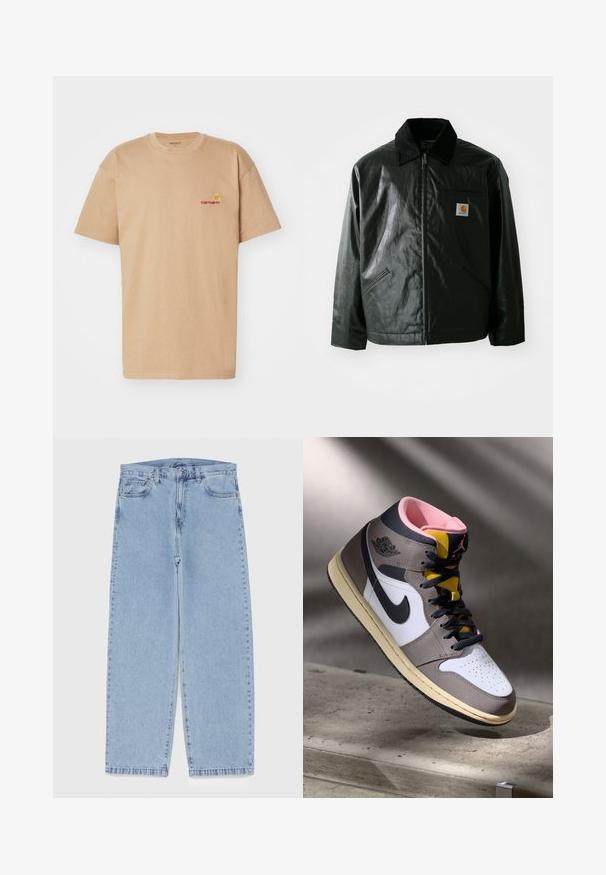 Svart zip-up jacka gjord av slätt, glänsande material. Har en manchesterkrage, två framfickor och en liten logotyp på bröstet.; Beige bomulls t-shirt med korta ärmar, rundad halsringning och röd Carhartt-logotyp broderad på vänster bröst. Enkel, avslappnad passform.; Ljusblå denimjeans med rak bendesign, midjehög midja, fem fickor samt knapp- och dragkedjestängning.; Höga Nike Air Jordan-sneakers i vitt, grått och svart med rosa inredning och gul tunga, placerade på en betongyta.