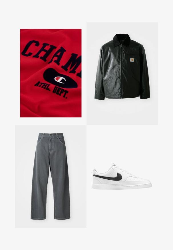Black zip-up jacket made of smooth, shiny material. Features a corduroy collar, two front pockets, and a small logo patch on the chest.; Red cotton sweatshirt featuring large navy text "CHAMP" and "ATHL. DEPT." with a black oval logo containing a white and red emblem.; Gray denim wide-leg pants with a high waist, featuring front pockets, belt loops, and a button closure at the waistband.; White leather sneakers with black Nike swoosh, lace-up design, round toe, perforated detailing, and flat rubber sole.