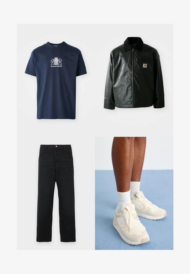 Černá zipová bunda vyrobená z hladkého, lesklého materiálu. Má jemný manžetový límec, dvě přední kapsy a malou značkovou nášivku na hrudi.; Námořnická modrá bavlněná tričko s krátkými rukávy, kulatým výstřihem a bílou grafikou znázorňující erb a text "noví originálové."; Černé džíny s rovným střihem nohavic, mají přední zapínání na knoflíky, dvě boční kapsy a jemnou texturu.; Světlé béžové sportovní boty s texturou z prodyšné síťoviny a semiše. Obsahují logo, jsou na šněrování a mají polstrovanou podrážku. Nosené s bílými ponožkami.