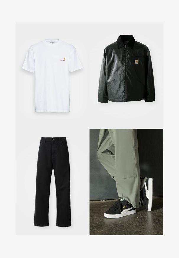 Czarna kurtka zapinana na zamek, wykonana z gładkiego, błyszczącego materiału. Posiada kołnierz z kordurowej tkaniny, dwie przednie kieszenie oraz małą naszywkę z logo na klatce piersiowej.; Biała bawełniana koszulka z krótkim rękawem. Zaprojektowana z małym pomarańczowym i bordowym logo na lewej piersi. Charakteryzuje się klasycznym okrągłym dekoltem.; Czarne dżinsy o prostym kroju, z przednimi kieszeniami, zamkiem błyskawicznym i pojedynczym guzikem z przodu. Teksturowana tkanina o matowym wykończeniu.; Czarne zamszowe trampki z białymi gumowymi podeszwami i bocznymi paskami, w połączeniu z jasnoszarymi spodniami cargo, stoją na teksturowanej ciemnej powierzchni.