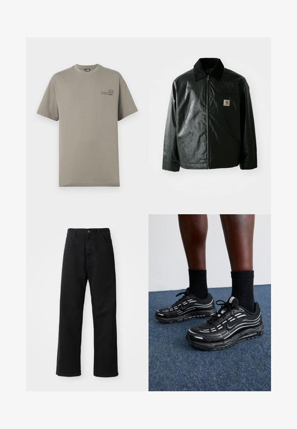 Svart zip-up jakke laget av jevnt, blankt materiale. Har en kordfløyelskrage, to frontlommer og en liten logo-lapp på brystet.; Oliven grønn T-skjorte laget av bomull, med korte ermer, rund hals, og små trykte koordinater på venstre front.; Svart denimbukser med rett snitt, med frontlommer, glidelåsgylf og en enkelt knapp i toppen. Teksturert stoff med matt overflate.; Sorte Nike-sko har en mesh-overdel med aksentstriper, teksturert snøring og en svart gummisåle. Brukt med svarte ribbede sokker.