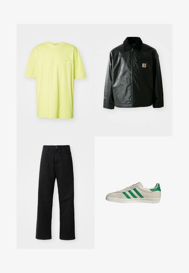 Giacca nera con zip realizzata in materiale liscio e lucido. Presenta un colletto in corduroy, due tasche frontali e una piccola patch con logo sul petto.; T-shirt a maniche corte in cotone giallo brillante, con colletto rotondo e un logo discreto sul lato sinistro del petto. Texture liscia, vestibilità comoda.; Pantaloni in denim nero con taglio dritto, caratterizzati da tasche frontali, chiusura con zip e un singolo bottone superiore. Tessuto testurizzato con finitura opaca.; Sneaker beige con strisce verdi, con suola bianca e tomaia in pelle liscia. Vista laterale che evidenzia i dettagli dei lacci e il logo.