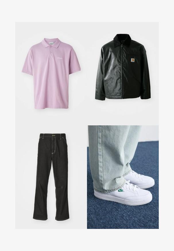 Casaco preto com fecho éclair, feito de material liso e brilhante. Apresenta um colarinho de veludo, dois bolsos frontais e um pequeno emblema no peito.; Polo lilás claro com uma pala de três botões, mangas curtas e um pequeno logótipo bordado em branco no peito. Material de algodão.; Calças de ganga pretas de corte largo, com costuras brancas em contraste, fecho de botão e design de perna reta.; Tênis de couro brancos com logo verde da Nike, bico redondo, sola plana, combinados com calças de denim azul claro, exibidos sobre um tapete azul.