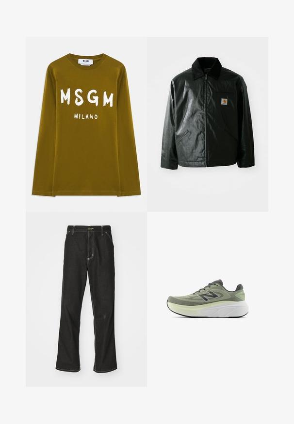 Schwarze Zip-Jacke aus glattem, glänzendem Material. Verfügt über einen Cordkragen, zwei Fronttaschen und ein kleines Logo-Patch auf der Brust.; Olivenfarbendes langärmliges T-Shirt aus Baumwolle mit großen weißen "MSGM"- und "MILANO"-Schriftzügen auf der Vorderseite. ; Schwarze Denim-Jeans mit lockerer Passform, kontrastierenden weißen Nähten, einem Knopfverschluss und geradem Bein.; Grüner und schwarzer New Balance Laufschuh mit Mesh-Obermaterial, dickem, gepolstertem weißen Zwischensohlen und schwarzer Außensohle, seitlich auf weißem Hintergrund abgebildet.