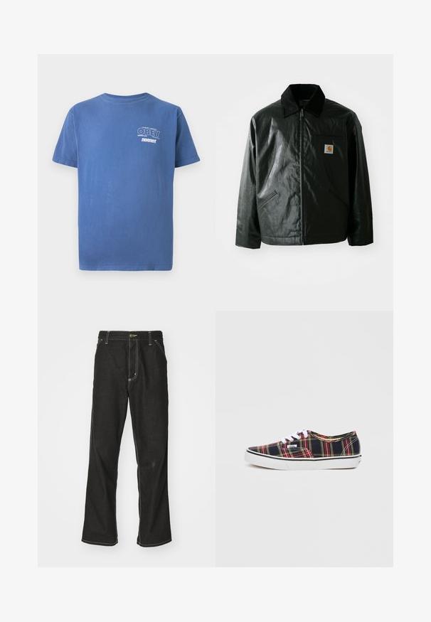 Black zip-up jacket made of smooth, shiny material. Features a corduroy collar, two front pockets, and a small logo patch on the chest.; Blue short-sleeve t-shirt with small white "OBEY Perpetual Persistent movement" text on the left chest.; Black denim jeans with a loose fit, featuring contrasting white stitching, a button closure, and a straight leg design.; Black and red plaid canvas sneakers with white laces and a rubber sole, featuring a low-profile design and contrasting trim.