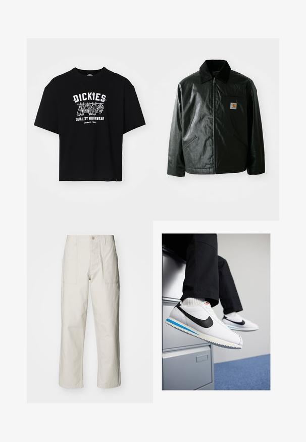 Černá zipová bunda vyrobená z hladkého, lesklého materiálu. Má jemný manžetový límec, dvě přední kapsy a malou značkovou nášivku na hrudi.; Černé tričko s krátkým rukávem vyrobené z bavlny, s bílým grafikou, která zní "DICKIES QUALITY WORKWEAR" a pod tím jsou ilustrace nástrojů.; Světle béžové kalhoty s širokými nohavicemi vyrobené z bavlny. Obsahují přední kapsy a zapínání na knoflík. Hladký povrch s jemnými vertikálními pruhy.; Bílé kožené tenisky s černým logem Nike, světle modrou a šedou gumovou podrážkou a klasickým šněrovacím designem. Nohy odpočívají na skříni.