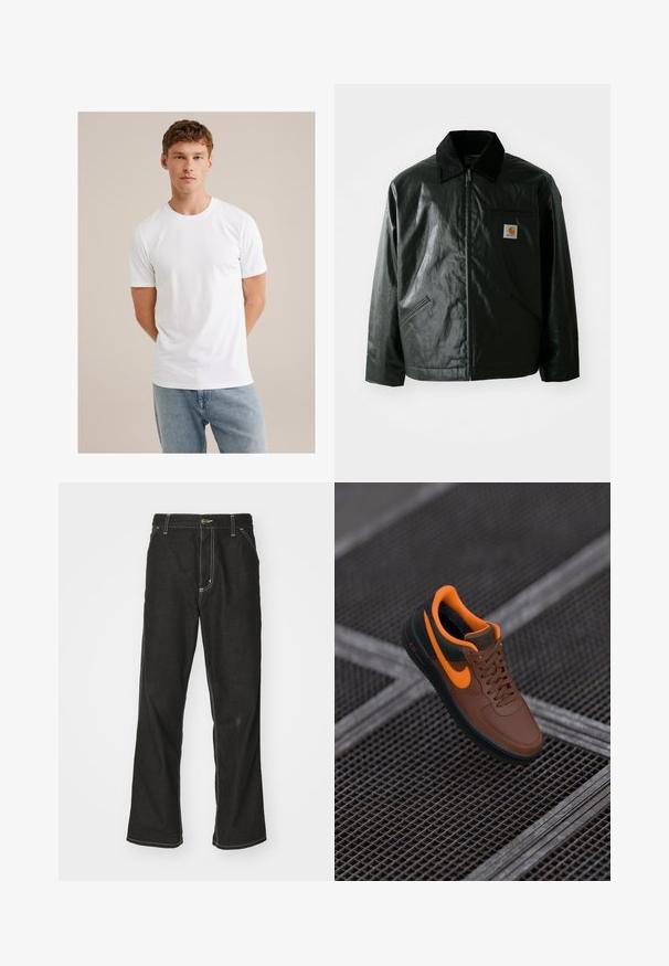 Must mustaga, läikiva materjaliga musta värvi jakk. Omab kordonilõikega kraed, kahte esikäe taskut ja väikest logo sildi rinnal.; Noor mees, kellel on heledat pruuni juuksed, kannab lihtsat valget lühikeste varrukatega T-särki ja helesiniseid teksaseid beežil taustal.; Mustadest denimist püksid, lahtise lõikega, kontrastsete valgete õmblustega, nööbiga kinnitamine ja sirge säär.; Pruun nahast tennisekad oranžide aktsentidega, ümar varvas, nööbiga disain ja tekstureeritud pind. Roheline kummitald, millel on nähtav "AIR" bränding.