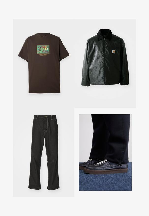 Mustat vetoketjulliset takit, jotka on valmistettu sileästä, kiiltävästä materiaalista. Sisältää kangastakin kauluksen, kaksi etutaskua ja pienen logopatchin rinnassa.; Ruskea puuvillapaita, jossa on värikäs grafiikka hedelmistä ja lehdistä. Lyhyet hihat, rento istuvuus ja pyöreä kaula-aukkosuunnittelu.; Mustat farkut, joissa on löysä istuvuus, erottuva valkoinen ompelu, nappikiinnitys ja suora lahje.; Nike Sportswear KILLSHOT 2 LTR PRM OPP2 - Matalavartiset tennarit - black sail baroque brown mtlc dk grey