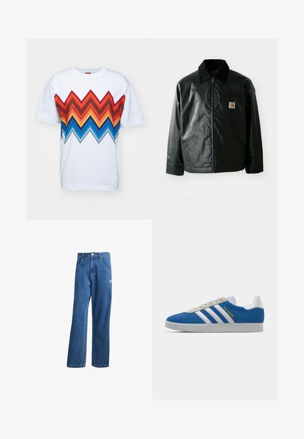 Melnā zip-up jaka, izgatavota no gludas, spīdīgas materiāla. Ir korduroja apkakle, divas priekšējās kabatas un neliela logo placdarma uz krūtīm.; Balta kokvilnas T-kreklā ir daudzkrāsains zigzaga raksts sarkanā, oranžā, zilā un melnā krāsā uz priekšpuses. Īsas piedurknes un apļa kakla izgriezums.; Zilas augsta vidukļa platas kāju džinsu bikses ar priekšējiem kabatām, jostas cilpām, pogu aizdari un mazu Adidas logo labajā augšstilbā.; adidas Originals ADIDAS GAZELLE SHOES - Futbola apavi iekštelpām - real madrid/bluebird/footwear white/crew yellow