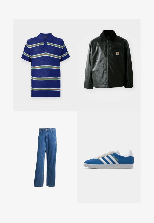 Čierna bundu na zips vyrobenú z hladkého, lesklého materiálu. Obsahuje kordový golier, dve predné vrecká a malú nášivku s logom na hrudi.; Modré pletené polo tričko s krátkymi rukávmi, s horizontálnymi pruhmi v bielej, zelenej a červenej farbe a s trochgombíkovou légou.; Modré riflové nohavice s vysokým pásom a širokým strihom, s prednými vreckami, pútkami na opasok, zapínaním na gombík a malým logom Adidas na pravej stehne.; adidas Originals ADIDAS GAZELLE SHOES - Halové kopačky - real madrid/bluebird/footwear white/crew yellow