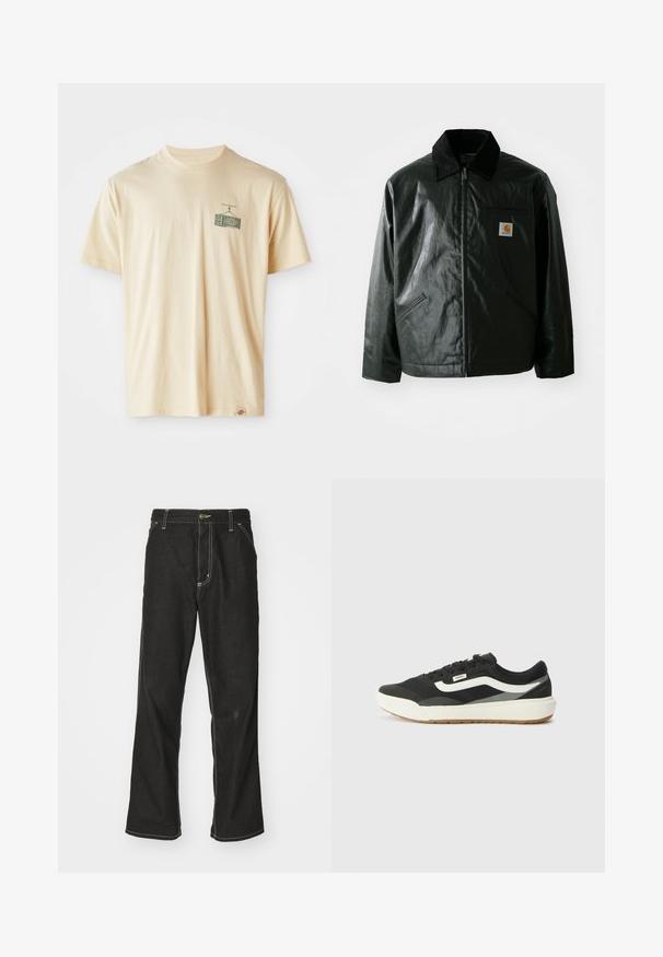 Černá zipová bunda vyrobená z hladkého, lesklého materiálu. Má jemný manžetový límec, dvě přední kapsy a malou značkovou nášivku na hrudi.; Krémové bavlněné tričko s kulatým výstřihem, krátkými rukávy a grafickým potiskem na levé hrudi znázorňujícím vintage televizor.; Černé denimové džíny s volným střihem, s kontrastním bílým prošíváním, zapínáním na knoflík a rovnými nohavicemi.; Černé sneakers s bílými detaily, se hladkým syntetickým povrchem, kulatým tvarem a gumovou podrážkou, spárované se světlými béžovými kalhotami.