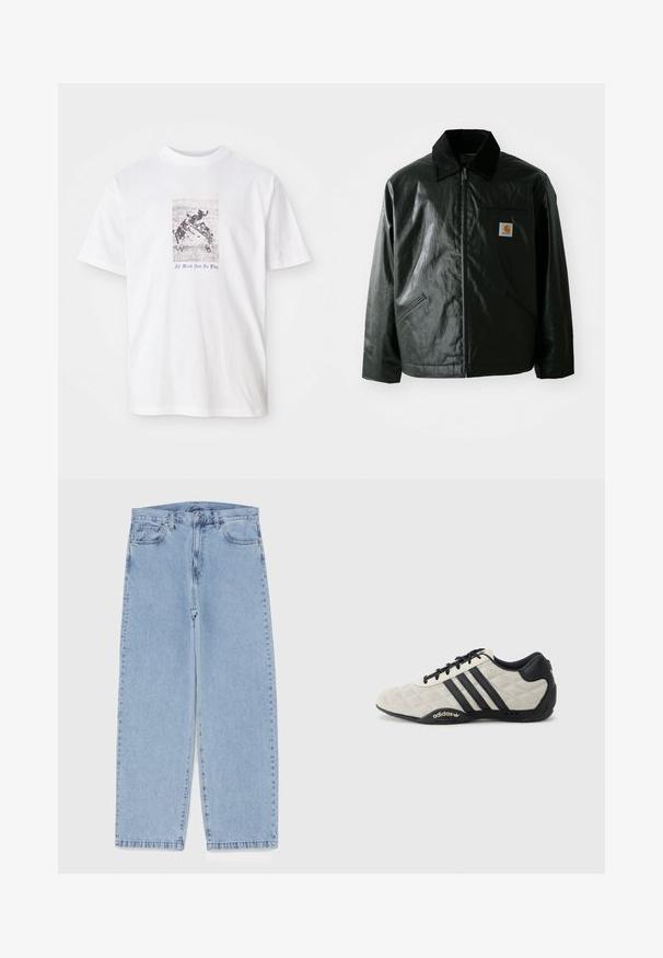 Crna zip-up jakna izrađena od glatkog, sjajnog materijala. Ima okovratnik od kordura, dva prednja džepa i mali logotip na prsima.; Bijela pamučna majica sa središnjim grafičkim prikazom pasa koji se igraju, s natpisom "Sav posao, nigdje zabave" u plavoj boji ispod slike.; Svijetloplave traperice s ravnim nogavicama, sa srednjim strukom, pet džepova i zatvaranjem na dugme i patentni zatvarač.; Adidas sportska cipela s teksturiranom, svijetlo sivom gornjom i crnim kožnim detaljima. Sadrži crni logo s tri pruge i podstavljen đon.