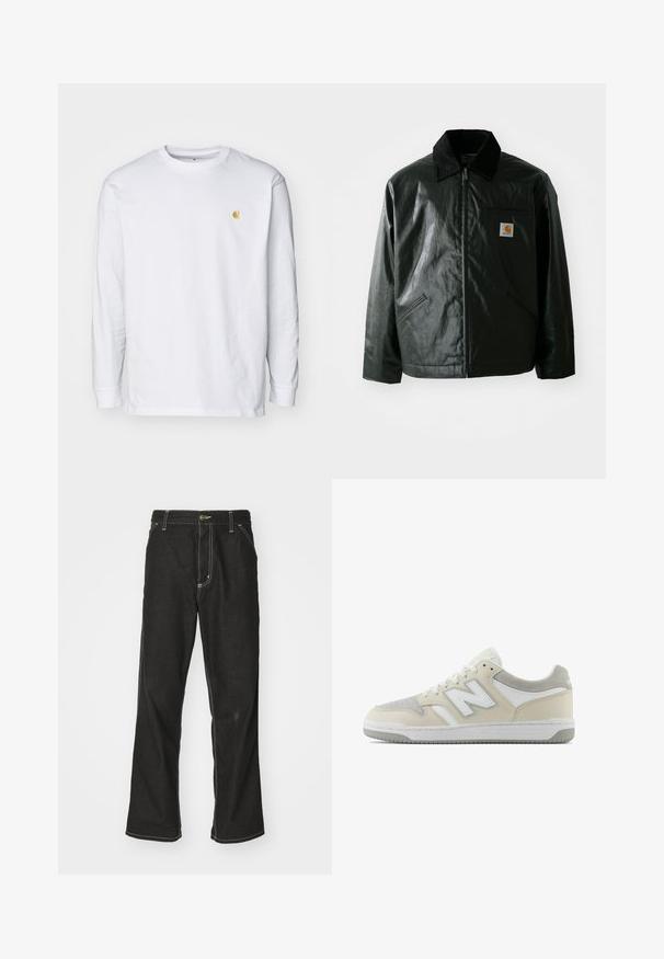 Sort lynlåsejakke lavet af glat, blankt materiale. Har en kordfløjlsfarvet krave, to forlommer og et lille logo-patch på brystet.; Hvid langærmet t-shirt lavet af bomuld. Har et lille gyldent logo på brystet og en rund halsudskæring. Enkel design og standard pasform.; Sorte denimjeans med løs pasform, der har kontrasterende hvid syning, en knaplukning og et lige ben-design.; Beige ruskind og læder sneakers med hvide akcenter, med et struktureret design, snørebånd foran og signaturlogo på siden.