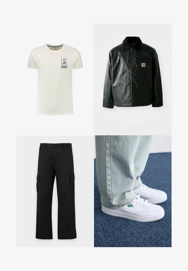 Juodas užtrauktuku užsegamas švarkas, pagamintas iš glotnaus, blizgaus medžiagos. Savybė - keteros apykaklė, dvi priekinės kišenės ir mažas logotipo ženklelis ant krūtinės.; Kreminės spalvos medvilninis marškinėliai trumpomis rankovėmis, su mėlyna palmės ir saulės grafika kairėje krūtinės pusėje. Apvalus iškirpimas.; Juodi cargo kelnės su tiesiu kojų dizainu. Pagamintos iš tvirto audinio, turi dvi šonines kišenes su užsegamais dangteliais ir mygtukų užtrauktuką.; Balti odiniai sportbačiai su žaliu Nike logotipu, apvalia nosimi, plokščiu padu, derinami su šviesiai mėlynomis džinsinėmis kelnėmis, rodomi ant mėlynos kiliminės dangos.