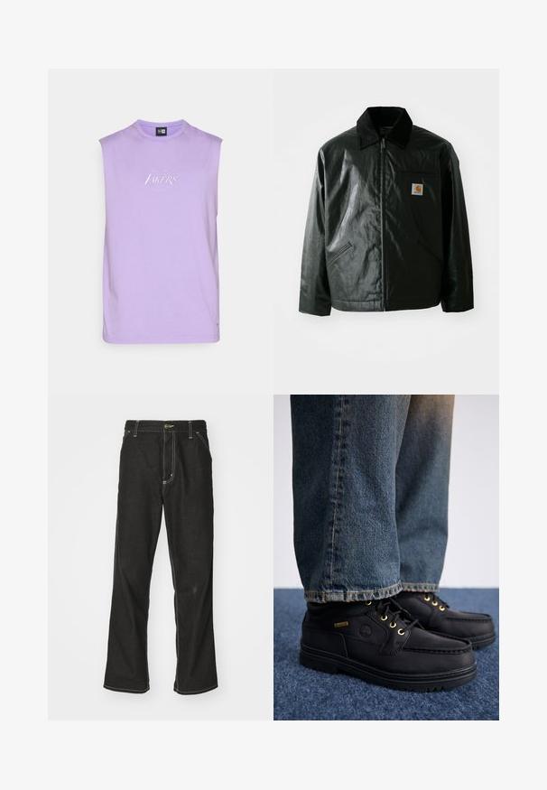 Črna jakna na zadrgo, izdelana iz gladkega, sijočega materiala. Ima žametni ovratnik, dva sprednja žepa in majhno oznako logotipa na prsih.; Vijolična brezrokavnik, mehak bombažni material, krožni dekolte, s izvezenim logotipom "Los Angeles Lakers" v beli barvi na prsih.; Črne jeans hlače ohlapenega kroja, ki imajo kontrastno belo šivanje, zapiranje na gumb in ravno nogavico.; Črne usnjene čevlje z zlatimi očesci in teksturirano površino, v kombinaciji z modrimi jeans hlačami. Čevlji imajo večplastno podplat in podrobnost blagovne znamke.