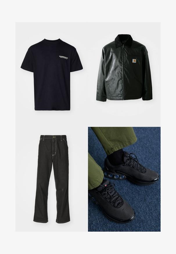 Black zip-up jacket made of smooth, shiny material. Features a corduroy collar, two front pockets, and a small logo patch on the chest.; Carhartt WIP RUNAWAY - Print T-shirt - black/wax; Black denim jeans with a loose fit, featuring contrasting white stitching, a button closure, and a straight leg design.; Black athletic shoes with a mesh upper, textured surface, and visible air cushioning pods. Paired with olive green pants and black socks.