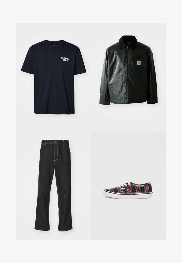 Black zip-up jacket made of smooth, shiny material. Features a corduroy collar, two front pockets, and a small logo patch on the chest.; Navy blue cotton t-shirt featuring a round neck, short sleeves, and a white logo with "DICKIES 1922" on the left chest.; Black denim jeans with a loose fit, featuring contrasting white stitching, a button closure, and a straight leg design.; Black and red plaid canvas sneakers with white laces and a rubber sole, featuring a low-profile design and contrasting trim.