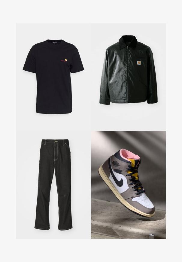 Sort lynlåsejakke lavet af glat, blankt materiale. Har en kordfløjlsfarvet krave, to forlommer og et lille logo-patch på brystet.; Sort bomulds T-shirt med korte ærmer, rund hals og lille farverigt logo på venstre bryst. Klassisk snit med en glat tekstur.; Sorte denimjeans med løs pasform, der har kontrasterende hvid syning, en knaplukning og et lige ben-design.; Høj-top Nike Air Jordan sneaker i hvid, grå og sort med pink indvendigt og gul tunge, placeret på en betonoverflade.