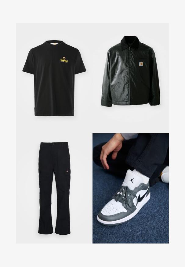 Must mustaga, läikiva materjaliga musta värvi jakk. Omab kordonilõikega kraed, kahte esikäe taskut ja väikest logo sildi rinnal.; Must must värvus T-särk lühikeste varrukatega, ümmargune kaelus, väikese kollase Timberlandi logoga rinnal. Sile tekstuur, juhuslik disain.; Mustadest kottpükstest, mis on sirge lõikega, valmistatud vastupidavast kangast, küljetaskute ja vasakul küljel oleva logoga.; Nike Air Jordan 1 jooksujalatsid valges ja hallis nahas, musta logo, perforatsiooni varvasteosas ja tasasel hallil paelal.