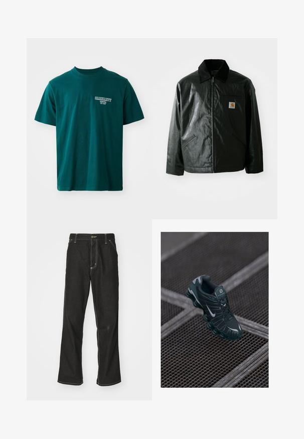 Μαύρο μπουφάν με φερμουάρ, φτιαγμένο από λείο, γυαλιστερό υλικό. Διαθέτει κοτλέ γιακά, δύο μπροστινές τσέπες και μια μικρή ετικέτα λογότυπου στο στήθος.; Τιρκουάζ βαμβακερό t-shirt με κοντά μανίκια και λαιμόκοψη τύπου crew. Περιλαμβάνει λευκό λογότυπο "Carhartt WIP" στο αριστερό στήθος. Απλός σχεδιασμός, ίσια γραμμή.; Μαύρα τζιν παντελόνια με χαλαρή εφαρμογή, που διαθέτουν λευκές ραφές σε αντίθεση, κλείσιμο με κουμπί και ίσια γραμμή.; Σκούρο πράσινο αθλητικό παπούτσι Nike Shox με πάνω μέρος από διχτυωτό υλικό, ελαστικές λεπτομέρειες και χαρακτηριστική αφρώδη σόλα. Ασημένιο λογότυπο Nike στο πλάι. Ορατές υφές.