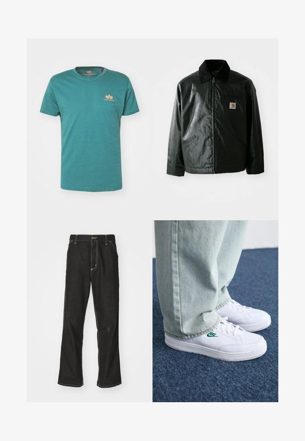 Must mustaga, läikiva materjaliga musta värvi jakk. Omab kordonilõikega kraed, kahte esikäe taskut ja väikest logo sildi rinnal.; Teal värvi puuvillane t-särk ümarate kaelustega, lühikeste varrukatega ja väikese oranži logoga vasakul rinna all. Sile tekstuur, üsna mitteformaalne disain.; Mustadest denimist püksid, lahtise lõikega, kontrastsete valgete õmblustega, nööbiga kinnitamine ja sirge säär.; Valged nahast tennisetossud rohelise Nike logo ja ümarate varvastega, lamedate taldadega, koos helesiniste teksapükstega, esitatud sinisel vaibal.