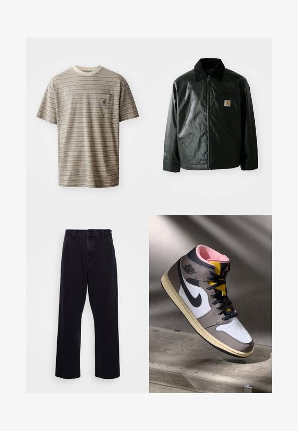 Čierna bundu na zips vyrobenú z hladkého, lesklého materiálu. Obsahuje kordový golier, dve predné vrecká a malú nášivku s logom na hrudi.; Krátky rukáv pruhované tričko v béžovej a hnedej farbe, s okrúhlym výstrihom a náprsním vreckom so záplatou s logom. Textúrovaná tkanina.; Čierne džínsy s rovného strihu, ktoré majú zapínanie na gombík a zips, pútka na opasok a minimálne švy.; Biele, šedé a čierne vysoké tenisky Nike Air Jordan s ružovým interiérom a žltým jazykom, umiestnené na betónovom povrchu.