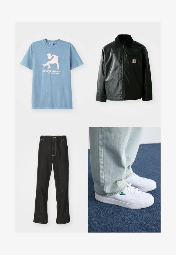 Veste noire zippée en matériau lisse et brillant. Elle dispose d'un col en velours côtelé, de deux poches avant et d'un petit écusson logo sur la poitrine.; T-shirt en coton bleu clair avec un col rond, des manches courtes et un graphisme imprimé en rose représentant une personne tenant un seau.; Jean en denim noir avec une coupe ample, comportant des coutures blanches contrastantes, une fermeture à bouton et un design à jambes droites.; Baskets en cuir blanc avec logo Nike vert, bout rond, semelle plate, associées à un pantalon en denim bleu clair, présentées sur un tapis bleu.