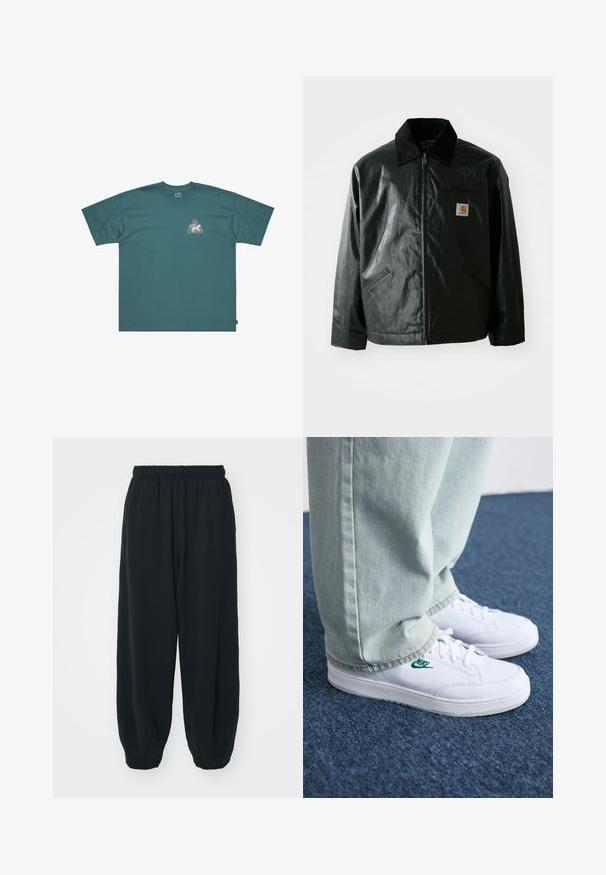 Must mustaga, läikiva materjaliga musta värvi jakk. Omab kordonilõikega kraed, kahte esikäe taskut ja väikest logo sildi rinnal.; Türkiisi puuvillane T-särk lühikeste varrukatega ja laia lõikega. Rinnal on kolmnurkne graafika, millel on värvikas disain ja kaubamärgi nimi.; Mustade elastse vöökoha ja laia lõikega dressipüksid, mansetiga sääred, sile tekstuur ning ilma nähtavate mustrite või detailideta.; Valged nahast tennisetossud rohelise Nike logo ja ümarate varvastega, lamedate taldadega, koos helesiniste teksapükstega, esitatud sinisel vaibal.