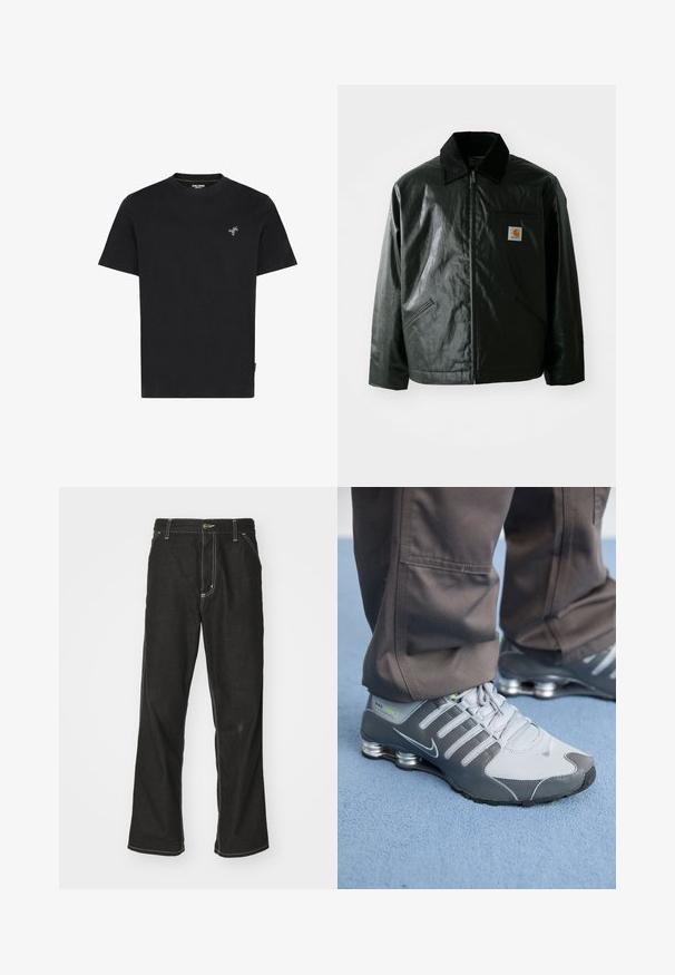 Must mustaga, läikiva materjaliga musta värvi jakk. Omab kordonilõikega kraed, kahte esikäe taskut ja väikest logo sildi rinnal.; Mustanud puuvillane t-särk, millel on ümar kaelus ja lühikesed varrukad, ning vasakul rinnal on väike roheline palmiõmblus.; Mustadest denimist püksid, lahtise lõikega, kontrastsete valgete õmblustega, nööbiga kinnitamine ja sirge säär.; Hallid ja hõbe Nike Shox tennisetossud on varustatud elegantse disainiga, neil on võrkkangas ja sünteetilised materjalid, ümar varvas ja pehmendatud kaelus.