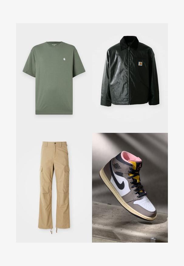 Must mustaga, läikiva materjaliga musta värvi jakk. Omab kordonilõikega kraed, kahte esikäe taskut ja väikest logo sildi rinnal.; Roheline puuvillane T-särk, millel on ümar kaelus, lühikesed varrukad ja väike valge logo rinnal. Sile tekstuur ja mugav lõike.; Khaki värvi cargo püksid, mis on valmistatud vastupidavast kangast, mitme küljetasku, sirge jala disaini ja reguleeritavate nööridega hemmi peal.; Valged, hallid ja mustad kõrged Nike Air Jordani sneakers, roosa sisetallaga ja kollase keelega, asetatud betoonpinnale.