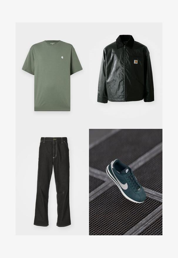 Must mustaga, läikiva materjaliga musta värvi jakk. Omab kordonilõikega kraed, kahte esikäe taskut ja väikest logo sildi rinnal.; Roheline puuvillane T-särk, millel on ümar kaelus, lühikesed varrukad ja väike valge logo rinnal. Sile tekstuur ja mugav lõike.; Mustadest denimist püksid, lahtise lõikega, kontrastsete valgete õmblustega, nööbiga kinnitamine ja sirge säär.; Nike sportlikud kingad tumerohelisest sametist hallide detailidega, ümarate ninade, lapikute paelte ja tekstureeritud kummist tallaga. Logo keele peal.
