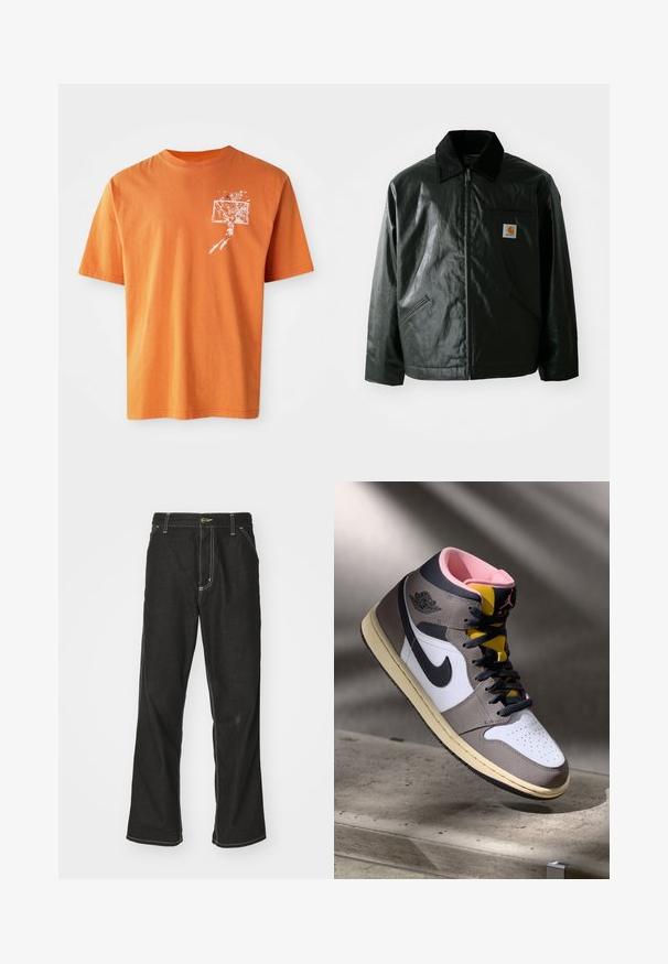 Fekete zipzáros dzseki sima, fényes anyagból. Kordbársony gallérral, két elülső zsebbel és egy kis logós felvarrással a mellkason.; Narancssárga pamut póló rövid ujjakkal, fehér grafikával, amelyen egy kosárlabdázó és egy kosár látható a bal mellrészén.; Fekete farmernadrág laza szabással, kontrasztos fehér varrással, gombos záródással és egyenes lábmegoldással.; Fehér, szürke és fekete Nike Air Jordan magasszárú sneaker rózsaszín belső résszel és sárga nyelvvel, egy betonfelületen elhelyezve.