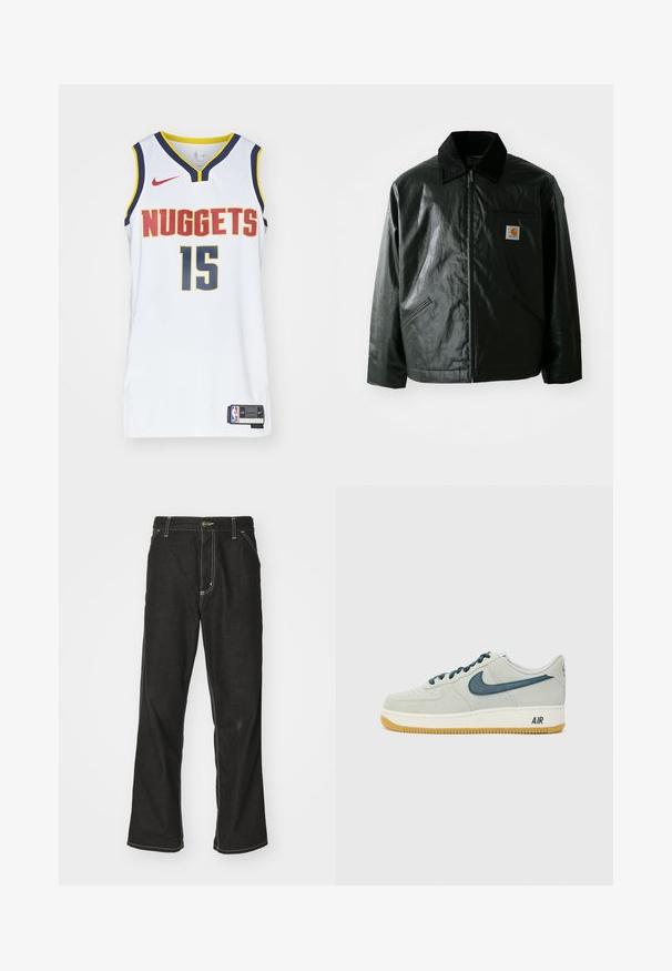 Svart zip-up jacka gjord av slätt, glänsande material. Har en manchesterkrage, två framfickor och en liten logotyp på bröstet.; Vitt basketlinne med "NUGGETS" i rött och blått, nummer 15 i grått, med gula accenter och Nike-logotyp. Nätliknande tygtextur.; Svarta denimjeans med en lös passform, med kontrasterande vita sömmar, knäppning och raka ben.; Ljust grå mocka sneakers med marinblå detaljer, rund tå, snören och gummisula. Har "AIR"-logotyp på hälen.
