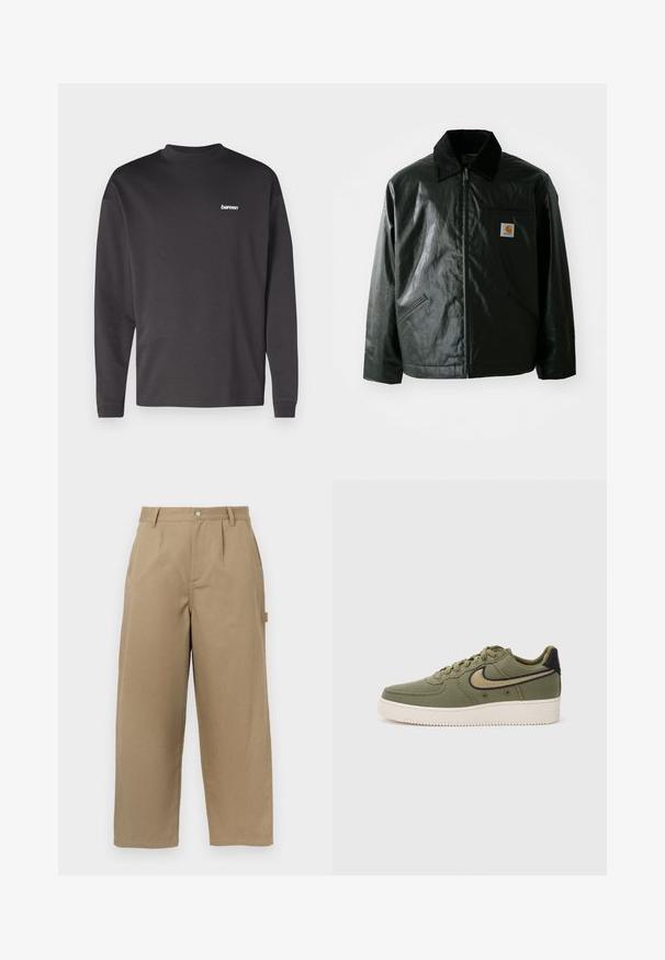 Casaco preto com fecho éclair, feito de material liso e brilhante. Apresenta um colarinho de veludo, dois bolsos frontais e um pequeno emblema no peito.; Bareen BLISS - Camisola de manga comprida - pirate black; Calças largas bege em mistura de algodão, com uma cintura alta, pregas frontais e dois bolsos laterais com fecho de botão.; Sapatilha de tela verde-azeitona com detalhes em preto, apresentando um design de atacadores, colarinho acolchoado e sola texturizada com a marca "AIR".