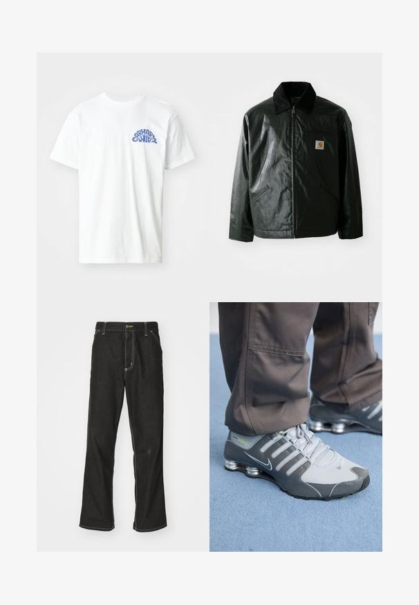 Black zip-up jacket made of smooth, shiny material. Features a corduroy collar, two front pockets, and a small logo patch on the chest.; White cotton t-shirt with short sleeves, featuring a blue graphic print on the left chest area. Simple crew neck design.; Black denim jeans with a loose fit, featuring contrasting white stitching, a button closure, and a straight leg design.; Gray and silver Nike Shox sneakers feature a sleek design, with mesh and synthetic materials, a rounded toe, and a padded collar.