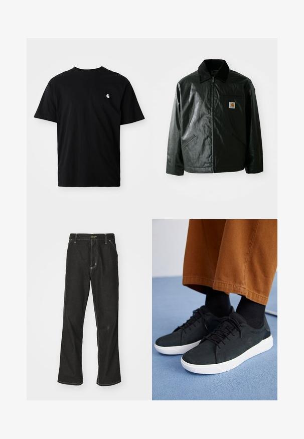 Čierna bundu na zips vyrobenú z hladkého, lesklého materiálu. Obsahuje kordový golier, dve predné vrecká a malú nášivku s logom na hrudi.; Čierne bavlnené tričko s okrúhlym výstrihom, krátkymi rukávmi a malým bielym logom na ľavej strane hrude. Viditeľné bočné švy. Mäkkučká textúra.; Čierne denimové nohavice s voľným strihom, s kontrastným bielym prešívaním, uzáverom na gombík a rovnými nohavicami.; Čierne zamatové tenisky s bielymi gumovými podrážkami, so šnurovacím dizajnom, textúrovanými akcentami a decentným brandingom, skombinované s hnedými nohavicami.