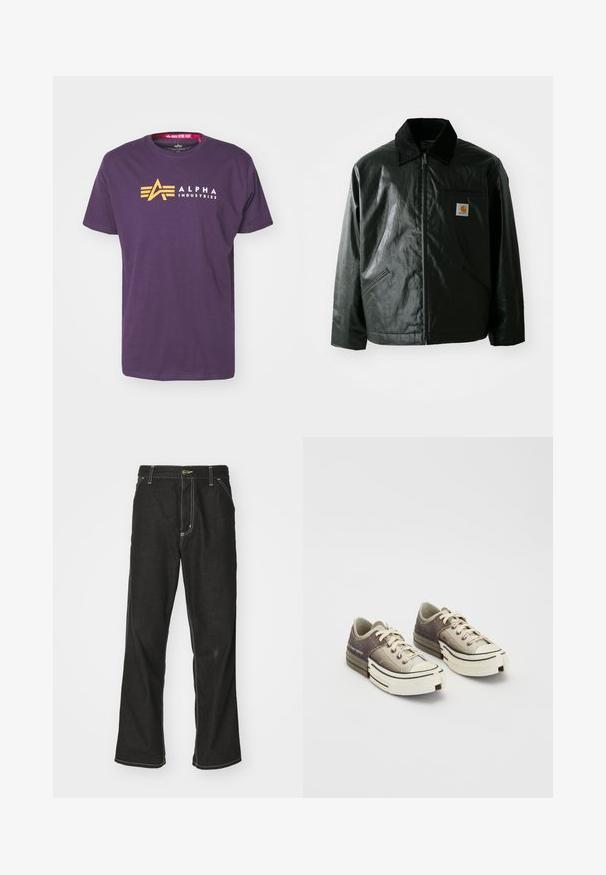 Jachetă neagră cu fermoar, confecționată dintr-un material neted și lucios. Prezintă un guler din catifea, două buzunare frontale și un mic logo brodat pe piept.; Tricou din bumbac violet cu un logo galben „A” și textul „ALPHA INDUSTRIES” în alb. Mâneci scurte și decolteu rotund.; Jeans negri din denim, cu o croială largă, cu cusături albe contrastante, închidere cu nasture și un design cu picior drept.; Sneakers cu prindere joasă, realizate din materiale texturate de culoare gri și bej, având tălpi din cauciuc alb, șireturi și accente de marcă pe lateral.
