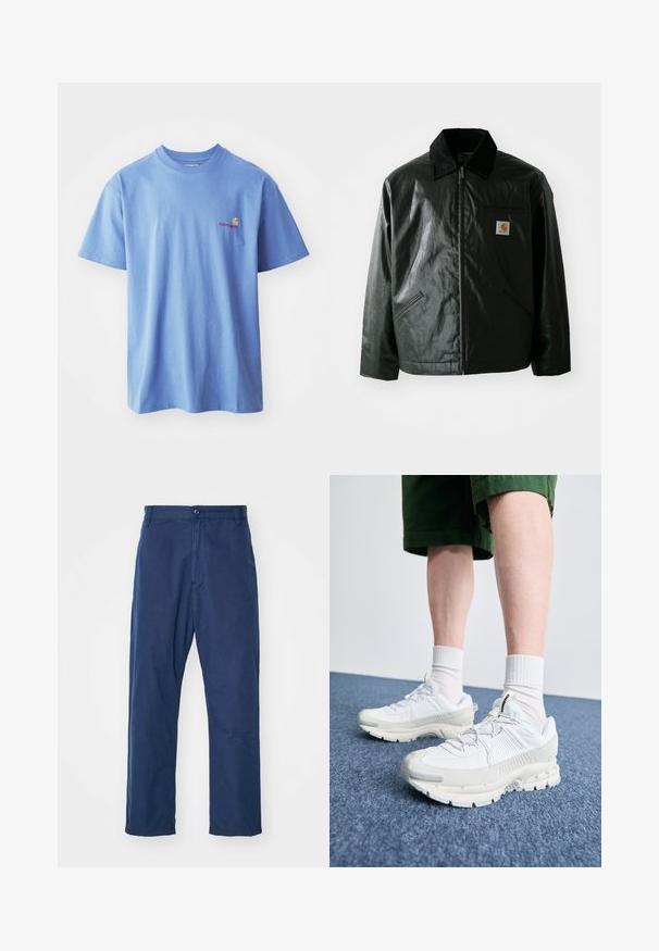 Casaco preto com fecho éclair, feito de material liso e brilhante. Apresenta um colarinho de veludo, dois bolsos frontais e um pequeno emblema no peito.; T-shirt de algodão azul claro com mangas curtas e decote redondo. Apresenta um pequeno logótipo laranja e vermelho na área do peito esquerdo.; Calças de perna reta, azul-marinho, feitas de algodão. Apresentam um fecho frontal com botão e uma textura subtil, com bolsos laterais e passantes para cinto.; Sapatos atléticos brancos com sobreposições texturizadas, sola espessa e detalhes em cinza. Usados com meias brancas até ao tornozelo e calções verdes sobre uma superfície azul.